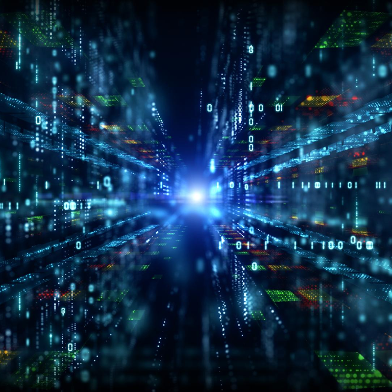 Abstract digital cybersecurity for accountants image with glowing data streams and binary code, illustrating top 5 cyber threats in 2026.