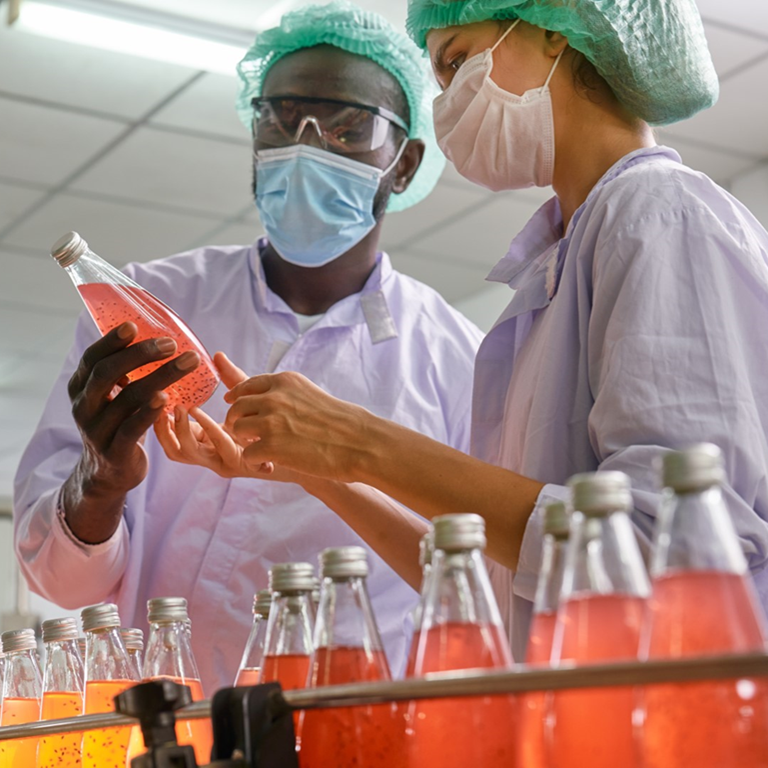 Two people in a food manufacturing environment, inspecting a product.