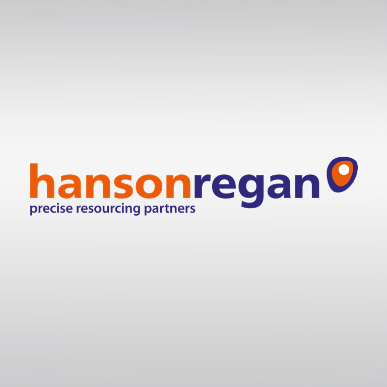 Logo with the words hanson regan in orange and dark blue text, with the phrase precise resourcing partners below in smaller dark blue text and a location pin icon in orange and dark blue to the right of regan.
