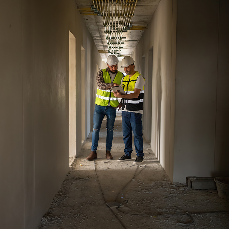 Two construction workers in safety vests and hard hats review plans on a tablet in a dim corridor, illustrating the impact of underinsurance on construction projects