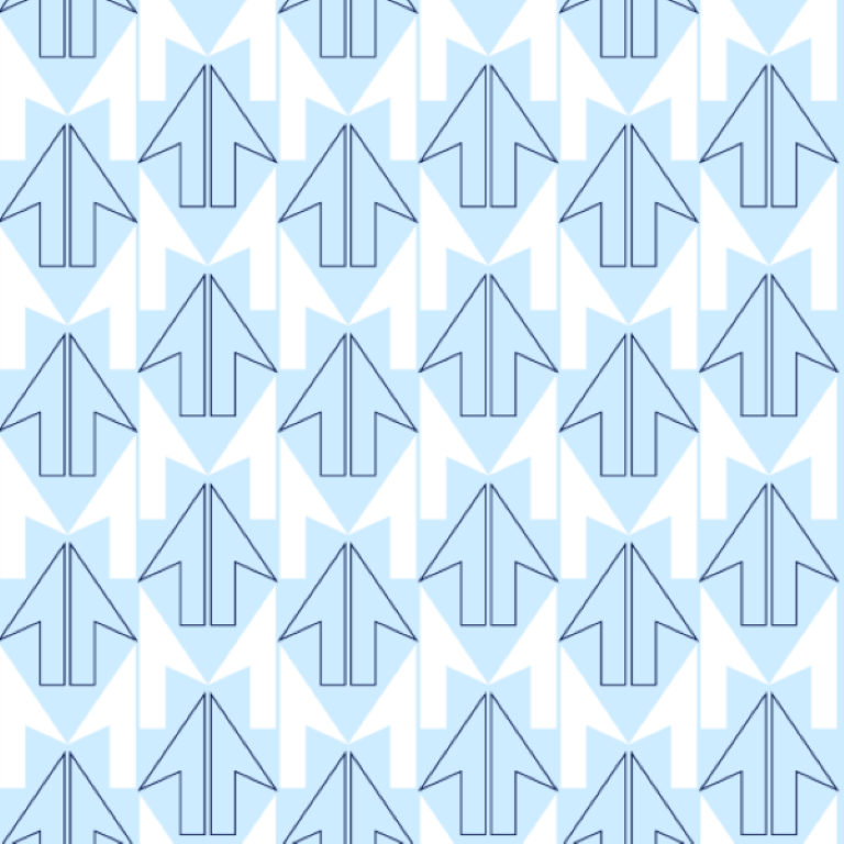 Repeating pattern of outlined blue upward-pointing arrows and white arrows split to make capital Ms.