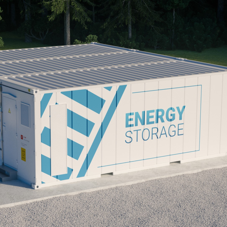 A modern battery energy storage container displayed in a green outdoor setting, designed for efficient energy management and storage solutions.